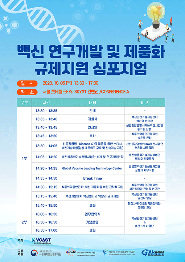 백신 연구개발 및 제품화 규제지원 심포지엄: 일시 2023년 10월 5일 목요일 13시 30분부터 17시, 장소 서울 롯데월드타워 SKY31 컨벤션 컨퍼런스 A홀